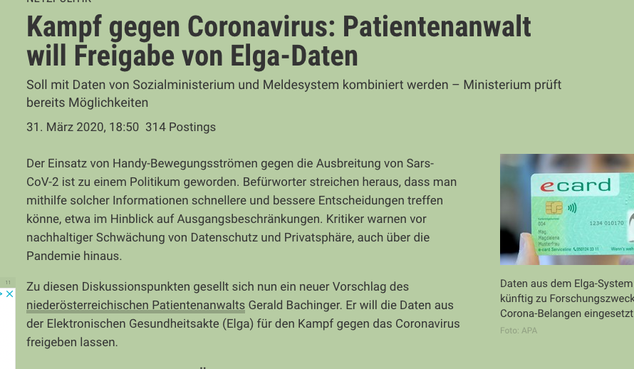 Screenshot der Website:https://www.derstandard.at/story/2000116383998/kampf-gegen-coronavirus-patientenanwalt-will-freigabe-von-elga-daten