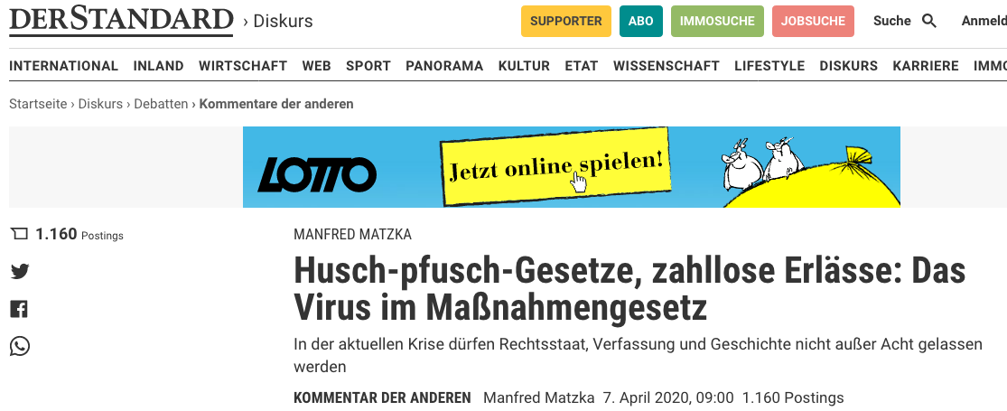 Screenshot der Website: https://www.derstandard.at/story/2000116589247/husch-pfusch-gesetze-zahllose-erlaesse-das-virus-im-massnahmengesetz?ref=article
